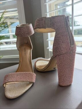 Gianni Bini Rose Pink Rhinestone Block Heel Sandals